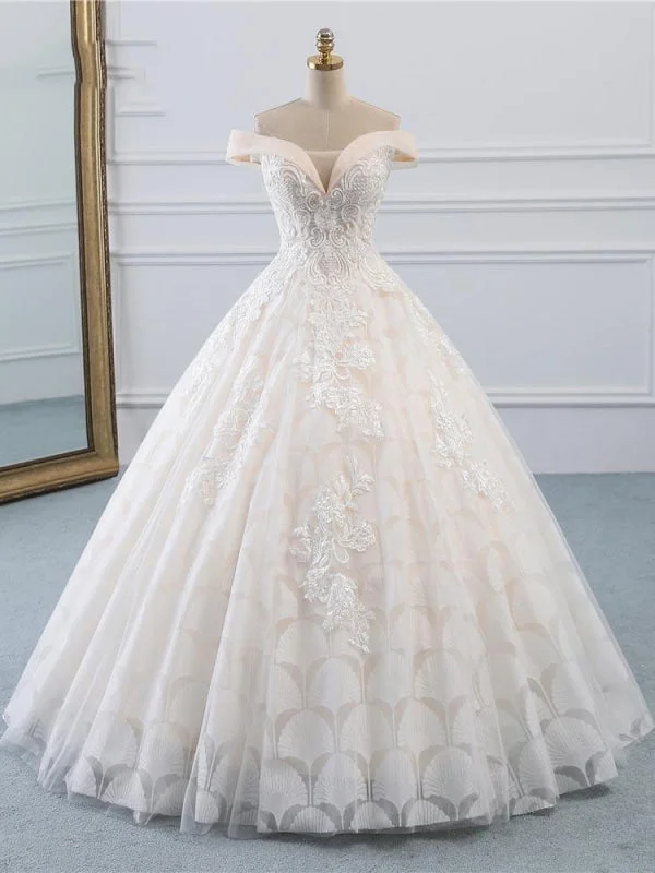 Popular Off-the-Shoulder Lace-Up Ball Gown Wedding Dresses Lace A-line Dress