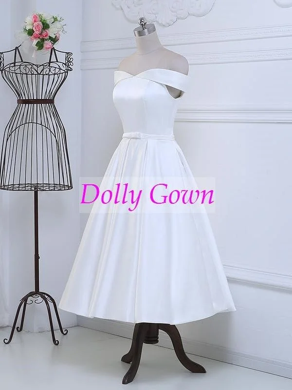 Pretty 50s Inspired Off Shoulders Tea Length Vintage Wedding Dress with Cute Bow at Waist Glitter Wedding Dress