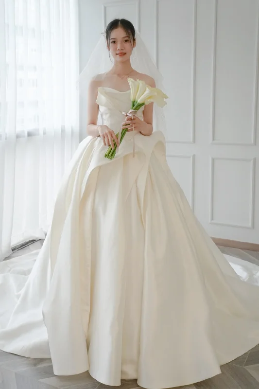 Strapless Princess Silk Ball Gown Wedding Dress Simple Satin Gown