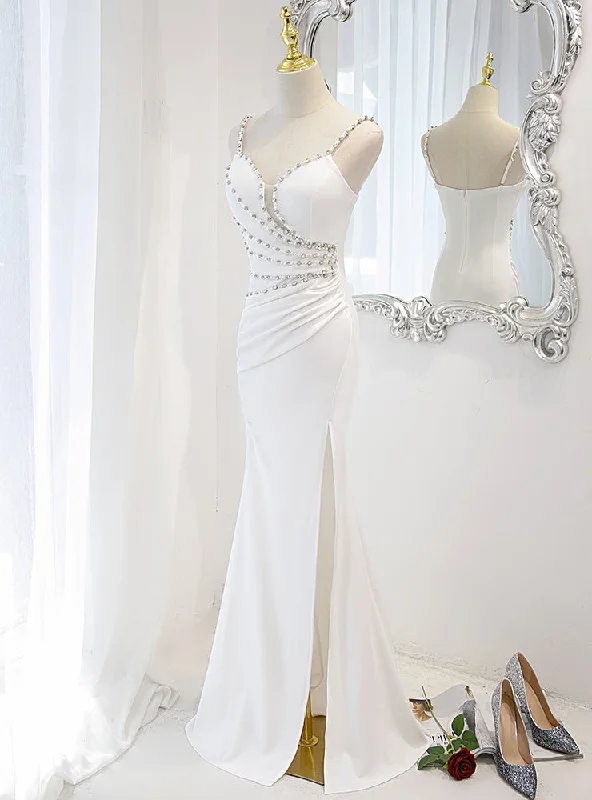 White Mermaid Spaghetti Straps Beading Pearls Wedding Dress Classic Satin Gown