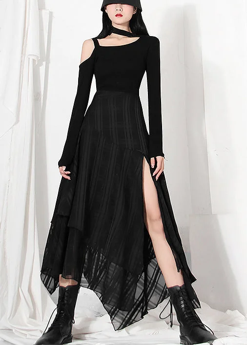 Art Black Asymmetrical Plaid Chiffon Skirt Spring Office unclassified skirts