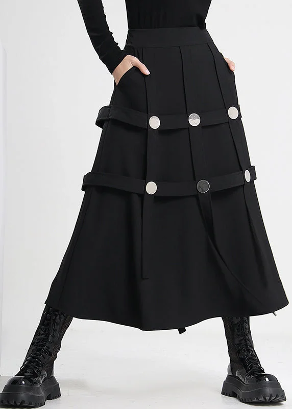 Elegant Black Asymmetrical Rivet Cotton Skirts Spring Vacation unclassified skirts