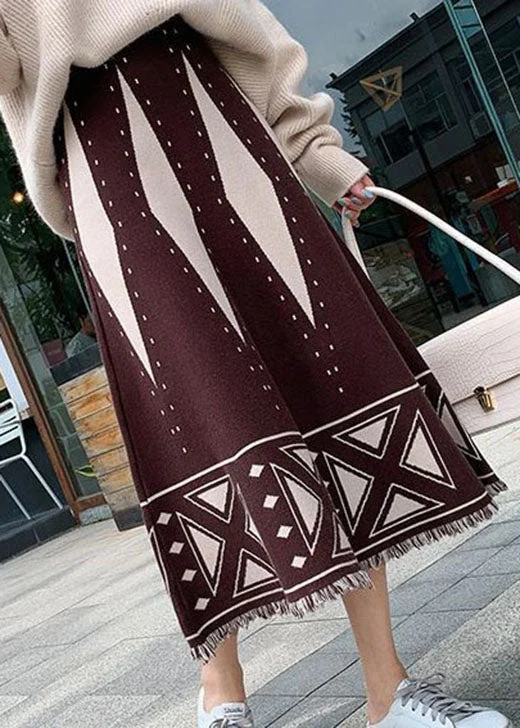 Fitted Brown Tasseled Print Knit Skirt Spring Short unclassified skirts