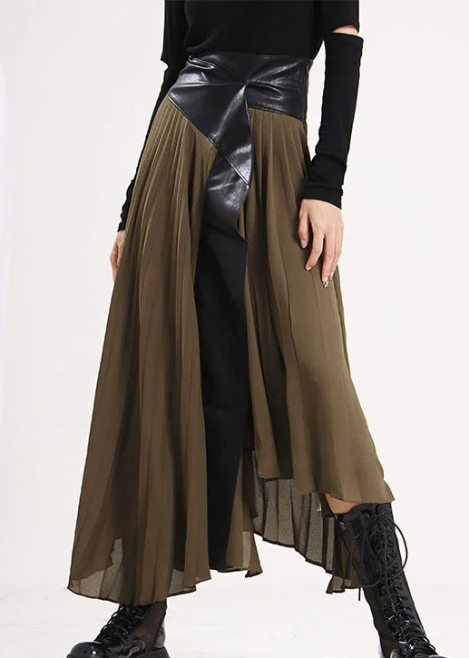 Plus Size army Green Asymmetrical Faux Leather Patchwork Chiffon Skirts Spring Trendy unclassified skirts