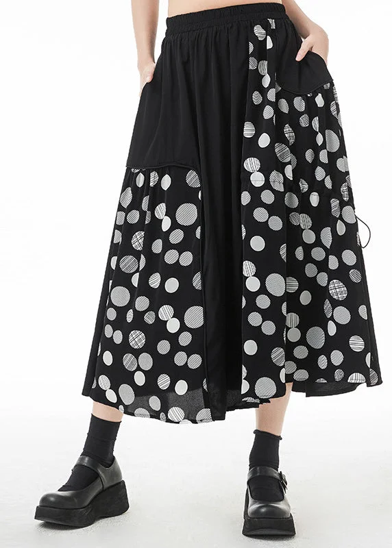 Style Black Asymmetrical Drawstring Pockets Dot Print A Line Skirt Summer Party unclassified skirts