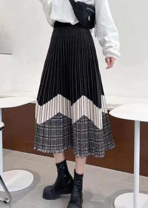 Stylish Black Tasseled Patchwork Knit Skirt Winter Low-rise unclassified skirts