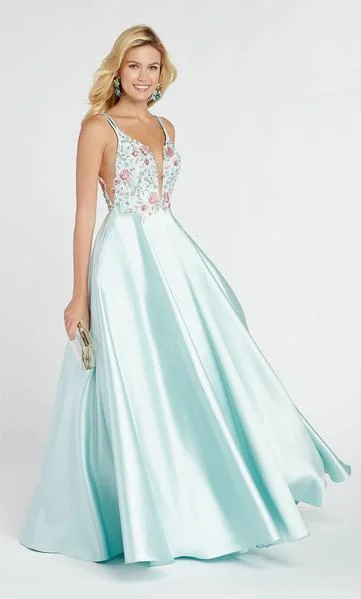 Alyce Paris - 60504 Embroidered Floral Sleeveless Plunging Illusion Neck Mikado Gown - 1 pc Sea Glass In Size 18 Available Best party dresses for date night