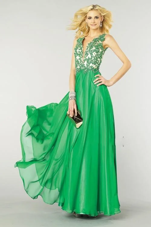 Alyce Paris - 6418 Sleeveless Applique Plunging Gown in Emerald/ Nude Forever 21 party dresses