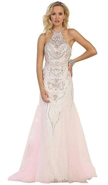 May Queen - RQ-7572 Bedazzled Halter Neck Sheath Evening Gown - 1 pc Pink In Size 8 Available Office party dresses