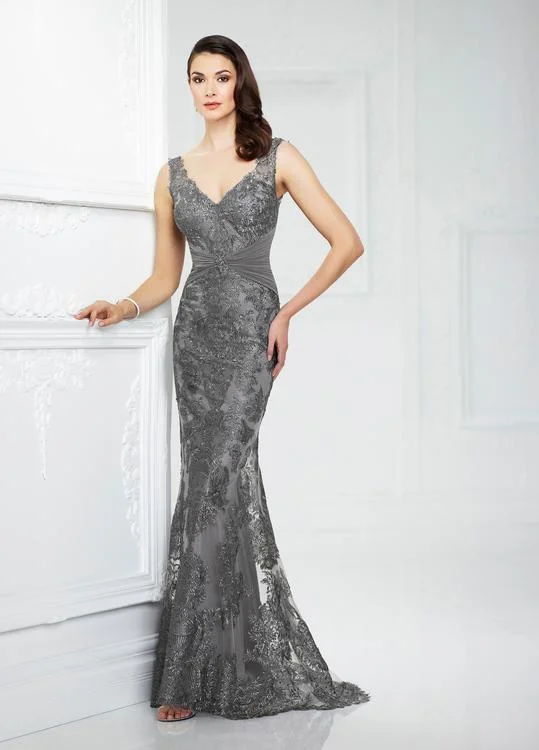 Montage by Mon Cheri - Embroidered Ruched Sheath Gown 217942 - 1 pc Smoke in Size 8 Available Must-have party dresses for this season