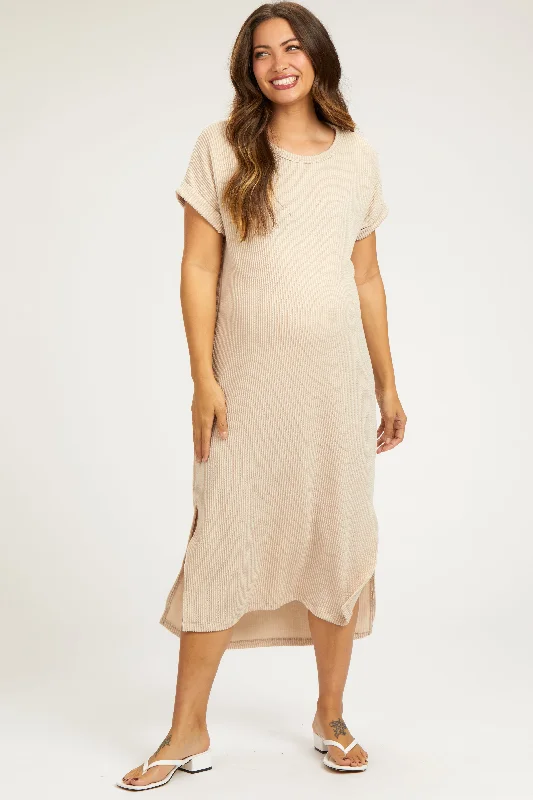 Beige Ribbed Short Sleeve Maternity Midi Dress High-end midi dresses