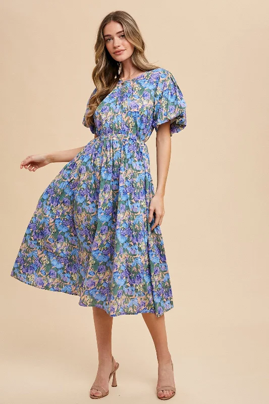 Blue Multi Floral Printed Crew Neck Puff Sleeve Midi Dress Designer midi dresses