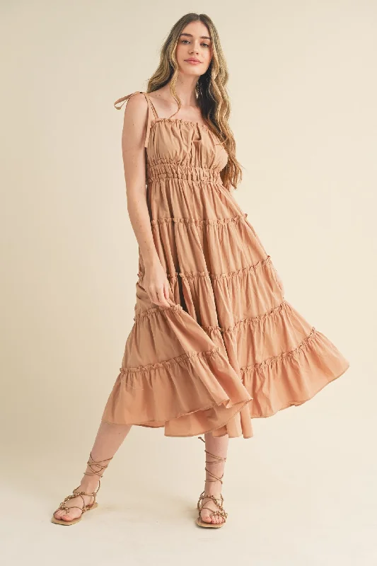 Camel Tiered Tie Strap Midi Dress Best midi dresses for date night