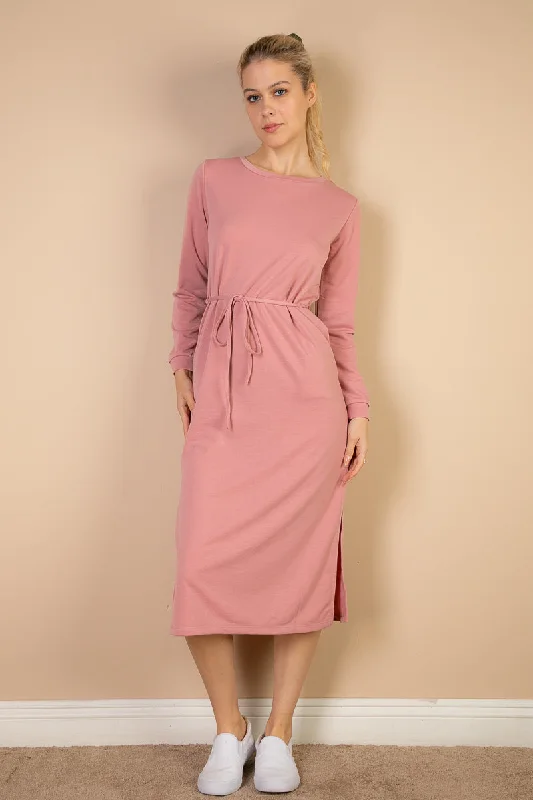 French Terry Midi Dress with Long Sleeves and Tie Front Date night midi dresses