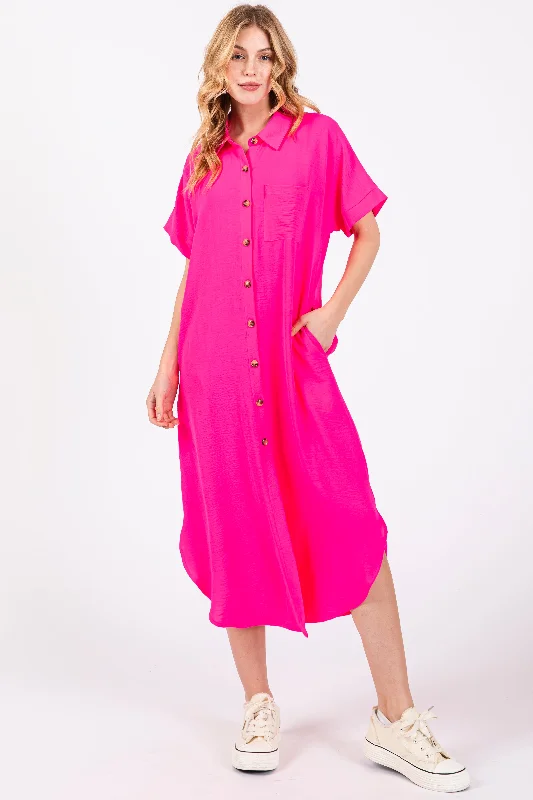 Fuchsia Button Down Front Pocket Midi Dress Wrap midi dresses