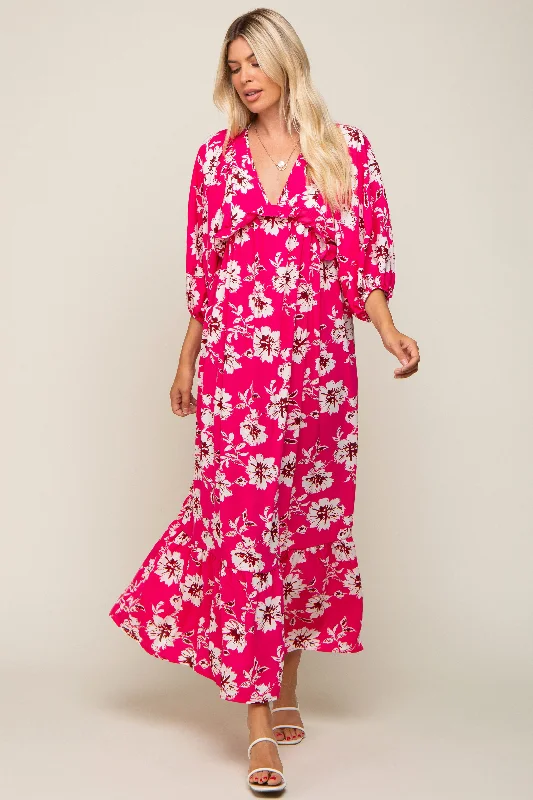 Fuchsia Floral V-Neck Dolman 3/4 Sleeve Midi Dress Fashion-forward midi dresses