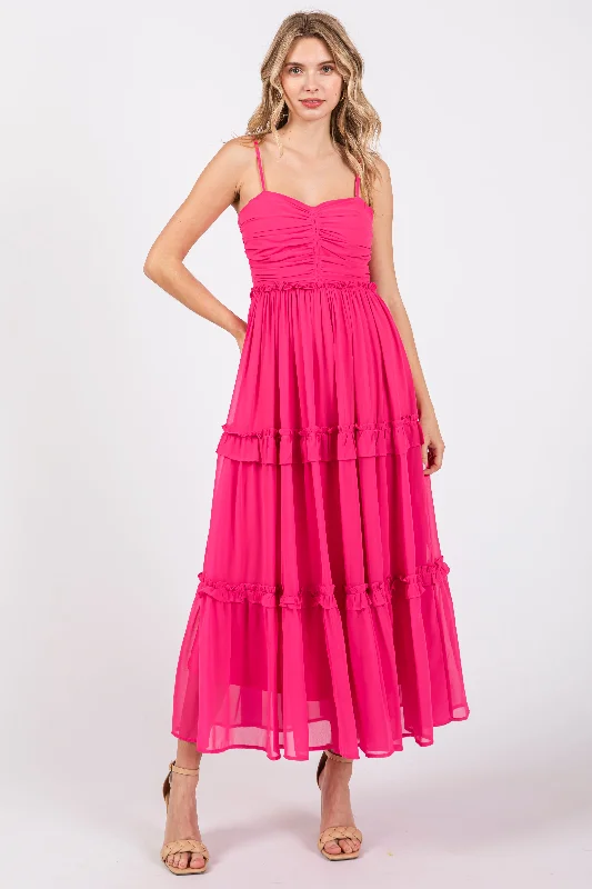 Fuchsia Sleeveless Pleated Ruffle Tiered Midi Dress Wedding guest midi dresses