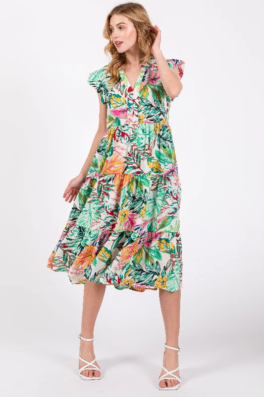 Green Floral Flutter Sleeve Tiered Midi Dress Discounted midi dresses