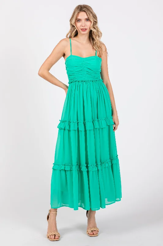 Green Sleeveless Pleated Ruffle Tiered Midi Dress Knitted midi dresses