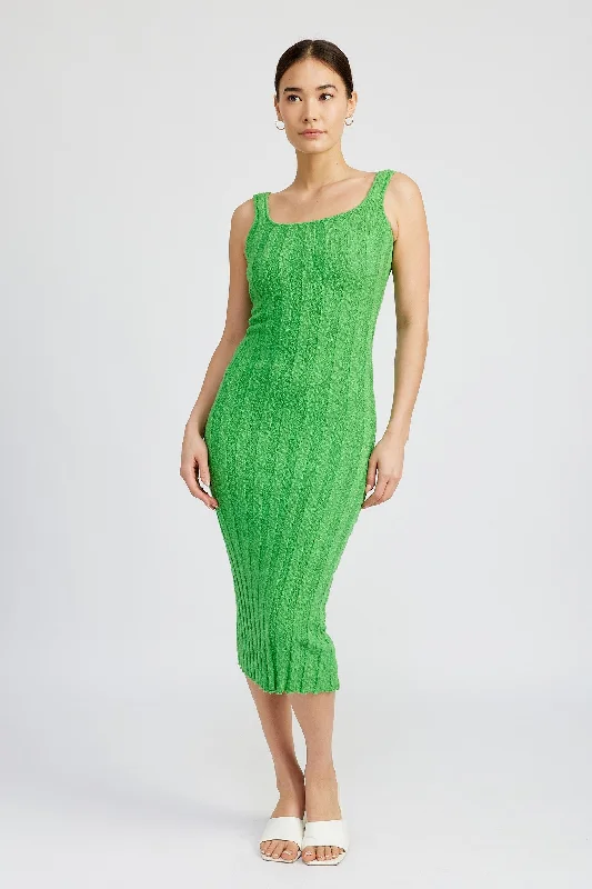 Green Wide Rib Knit Midi Dress Ruffled midi dresses