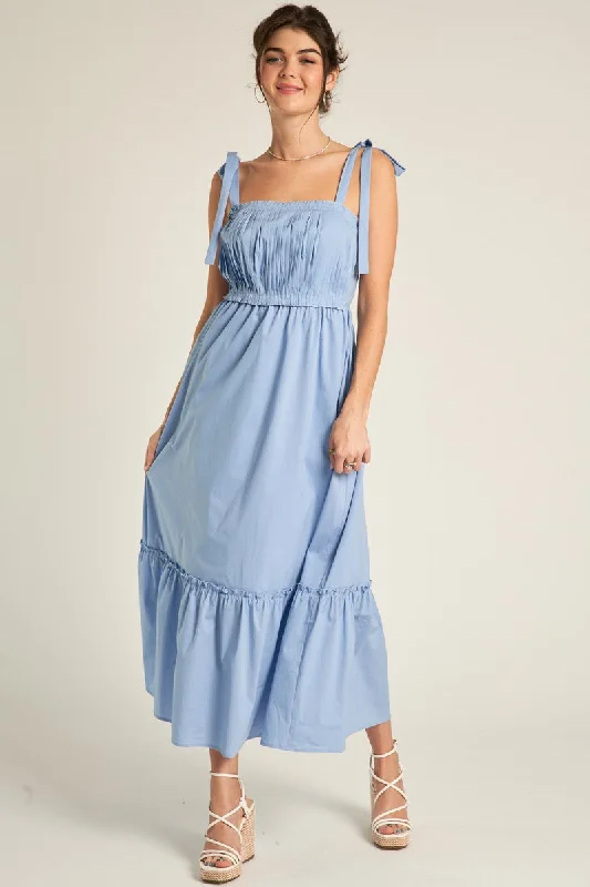 Light Blue Pleated Shoulder Tie Midi Dress Off-shoulder midi dresses