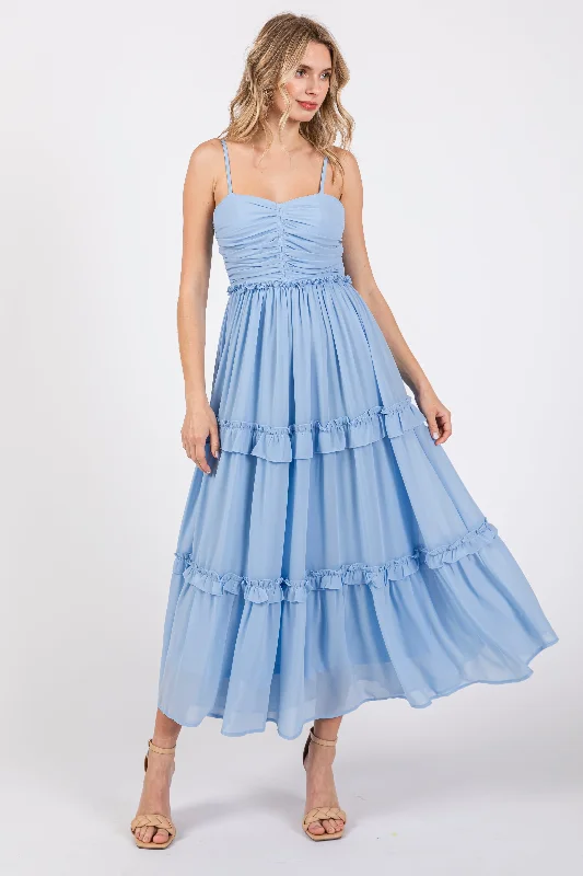 Light Blue Sleeveless Pleated Ruffle Tiered Midi Dress Festival midi dresses