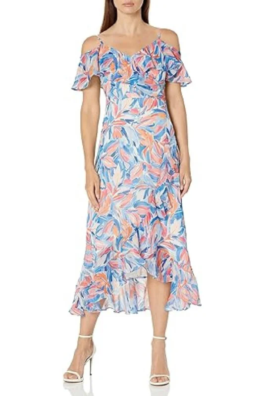 London Times Print Cold Shoulder Ruffle Maxi Dress High-end maxi dresses