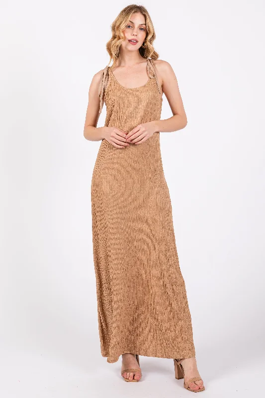 Mocha Textured Tie Strap Midi Dress Satin midi dresses