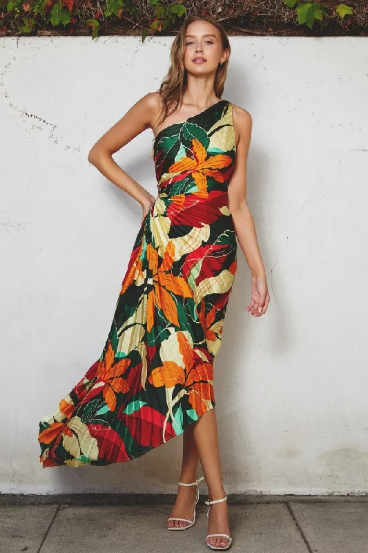 Multi-Color Floral Pleated Satin One Shoulder Asymmetrical Midi Dress ASOS midi dresses