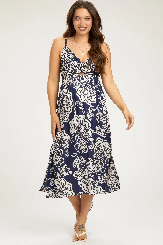 Navy Floral Front Twist Maternity Midi Dress Best midi dresses for hourglass body shape