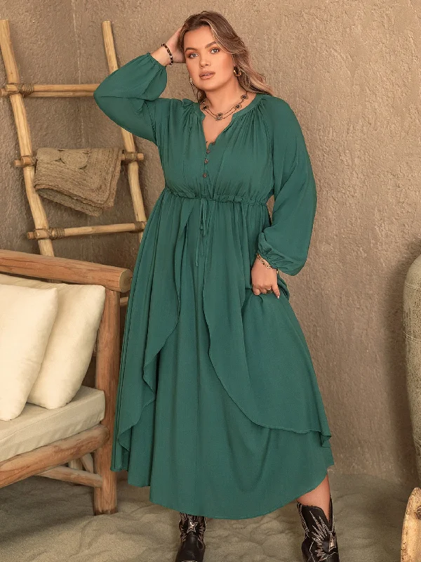 Plus Size Notched Layered Balloon Sleeve Midi Dress Best midi dresses for casual wear