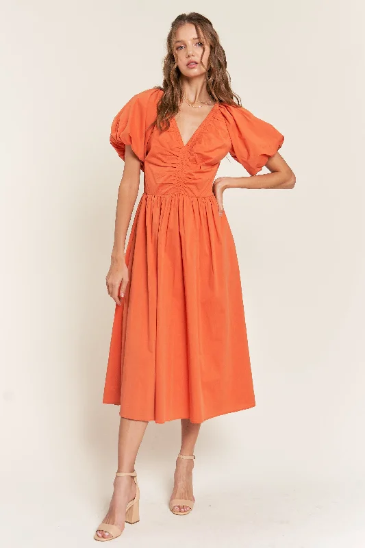 Rust V Neck Midi Dress Casual midi dresses