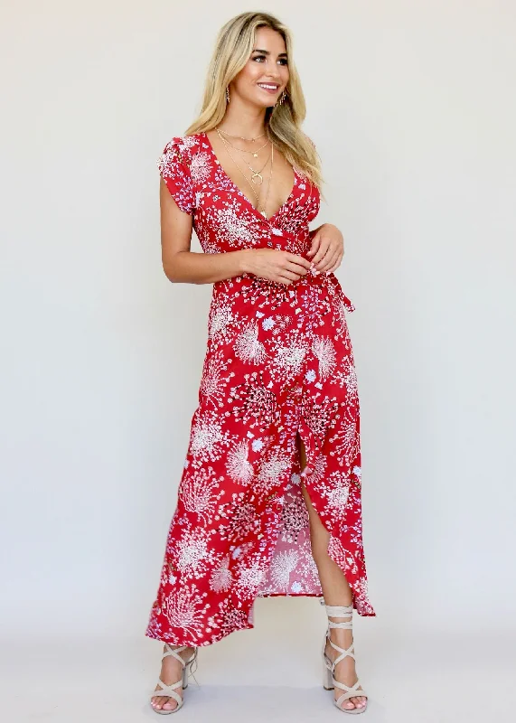 Santana Wrap Maxi Dress - Red Baby's Breath Designer maxi dresses