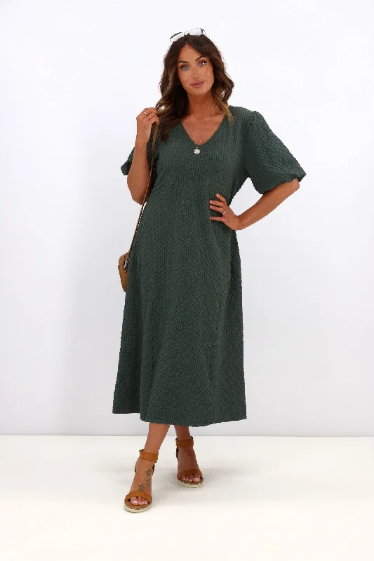 Shine On Label Adelaide Puff Sleeve Textured Midi Dress Olive Anniversary midi dresses