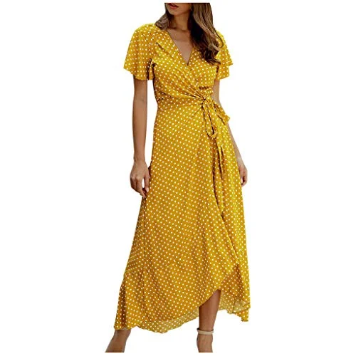 Summer Casual Dresses for Women UK Polka Dots Short Sleeve Wrap-Front Midi Dress in Linen-Cotton Yellow Beach midi dresses