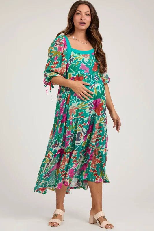 Turquoise Floral Half-Length Sleeve Tie Maternity Midi Dress Birthday midi dresses