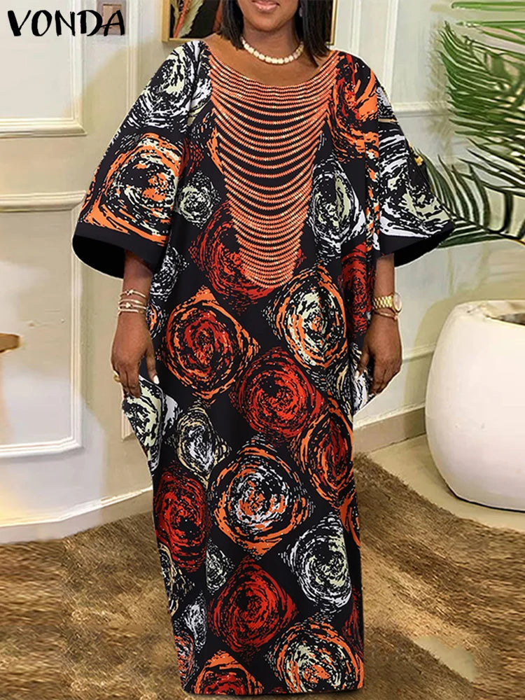 Women  Elegant Maxi  Bohemian Long  Causal Puff 3/4 Sleeve Foral Printed Round Neck Dress Party maxi dresses