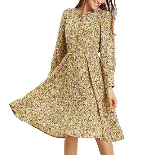 Women's Puff Sleeve Fit and Flare Round Neck Floral Midi Dress Leather midi dresses