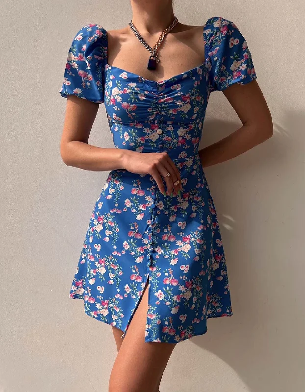 Disty Floral Print Slits V-Neck Short A Line Dresses Edgy floral dresses