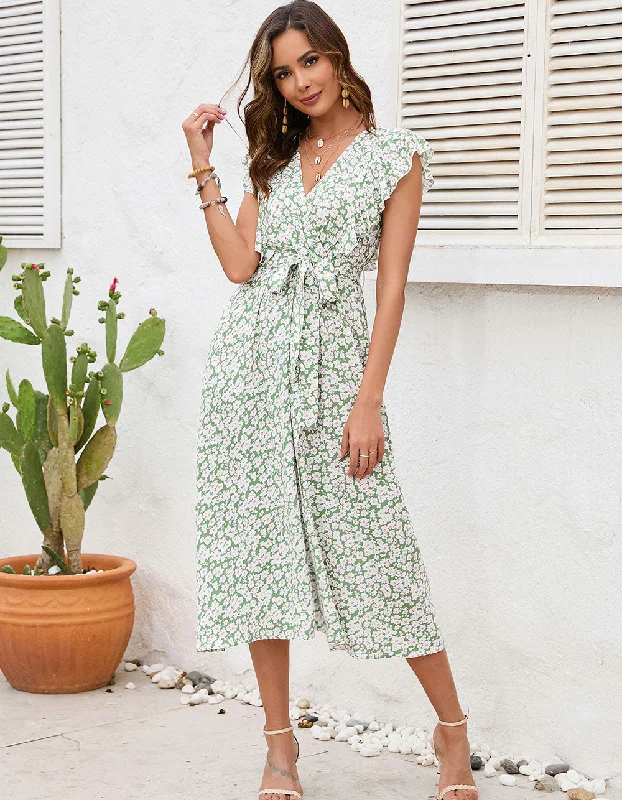 Disty Floral Print V Neck Short Sleeve Slits Long A-Line Dresses Cute floral print summer dresses