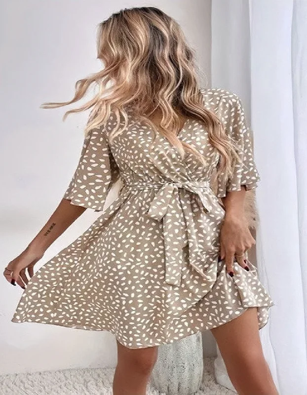 Dot Print V Neck Belted Short Sleeve Short A-Line Dresses Fashion-forward floral dresses