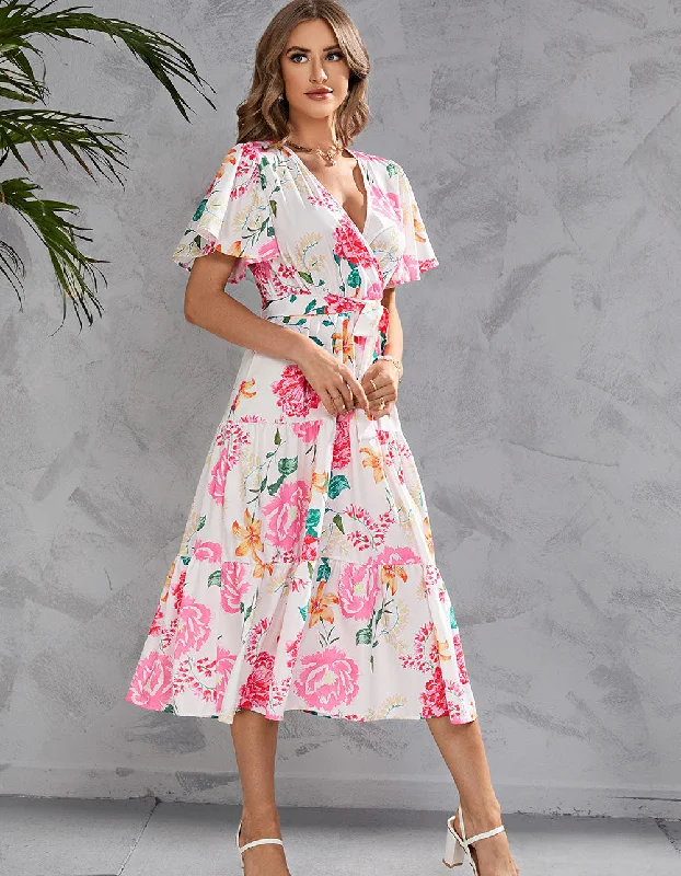 Floral Printed V Neck Short Sleeve Long A-Line Dresses Silk floral dresses