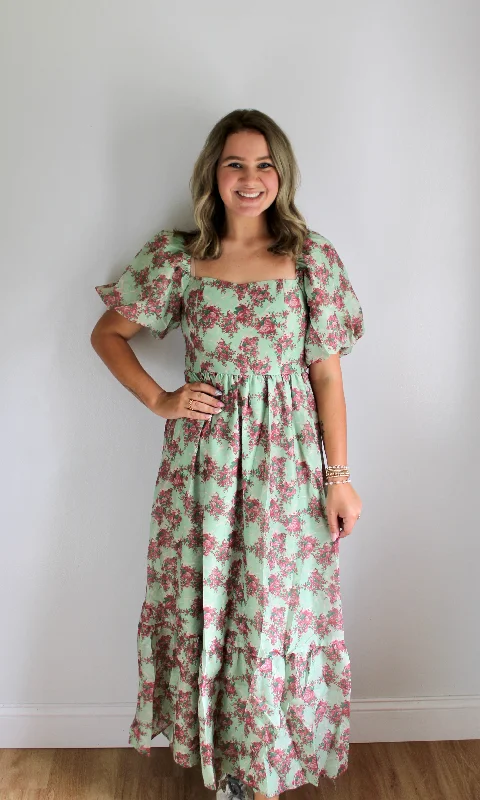 Green mauve floral dress Cottagecore floral dresses