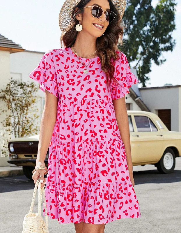 Leopard Floral Print Round Neck Loose Short Dresses Vintage floral dresses