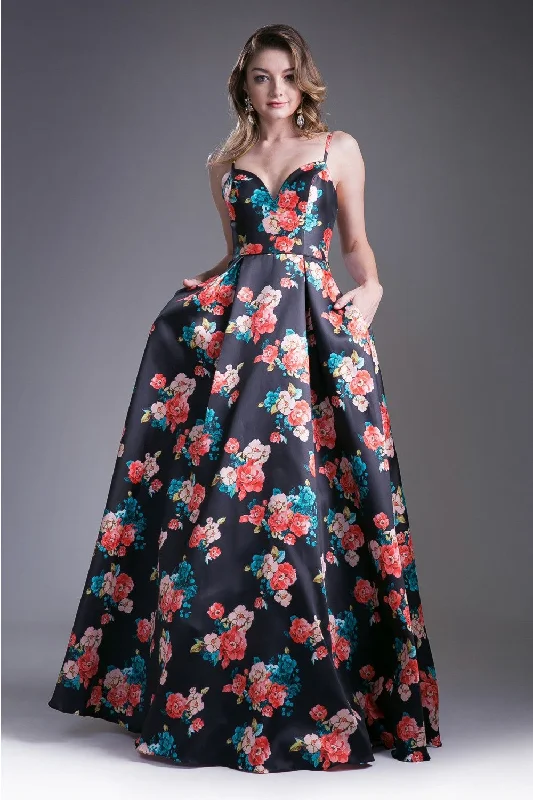 Mikado Ball Gown With Floral Print And Pockets by Cinderella Divine -13103 Women's trendy floral dresses sale