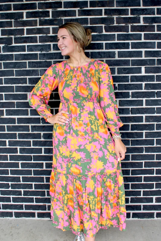 Olive pink floral long sleeve dress Shein floral dresses