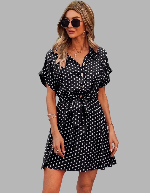 Polka Dot Print Lapel Belted Short Sleeve Short A-Line Dresses Comfortable floral dresses for everyday wear