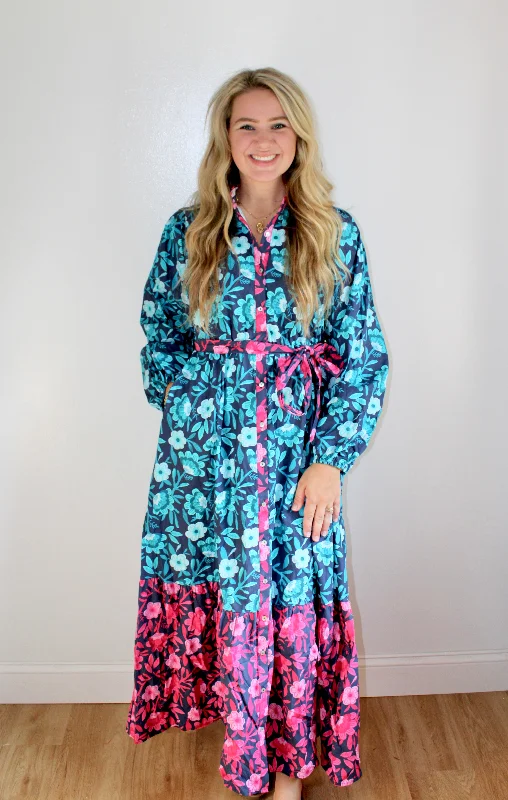 Teal pink floral dress Retro floral dresses