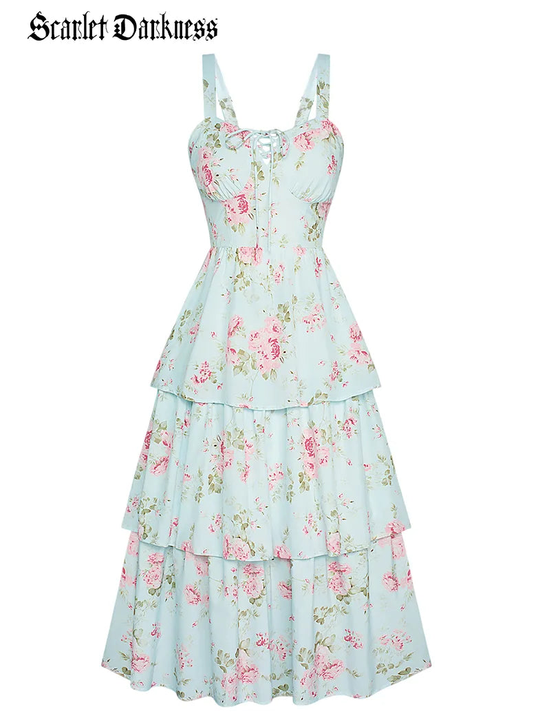 Women Victorian Floral Dress Front Chest Tied 3-Layer Dress Spring floral dresses