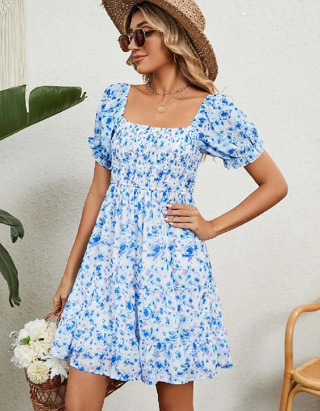 Square Neck Floral Print Chiffon Short Sleeve Loose Dresses Wedding guest floral dresses